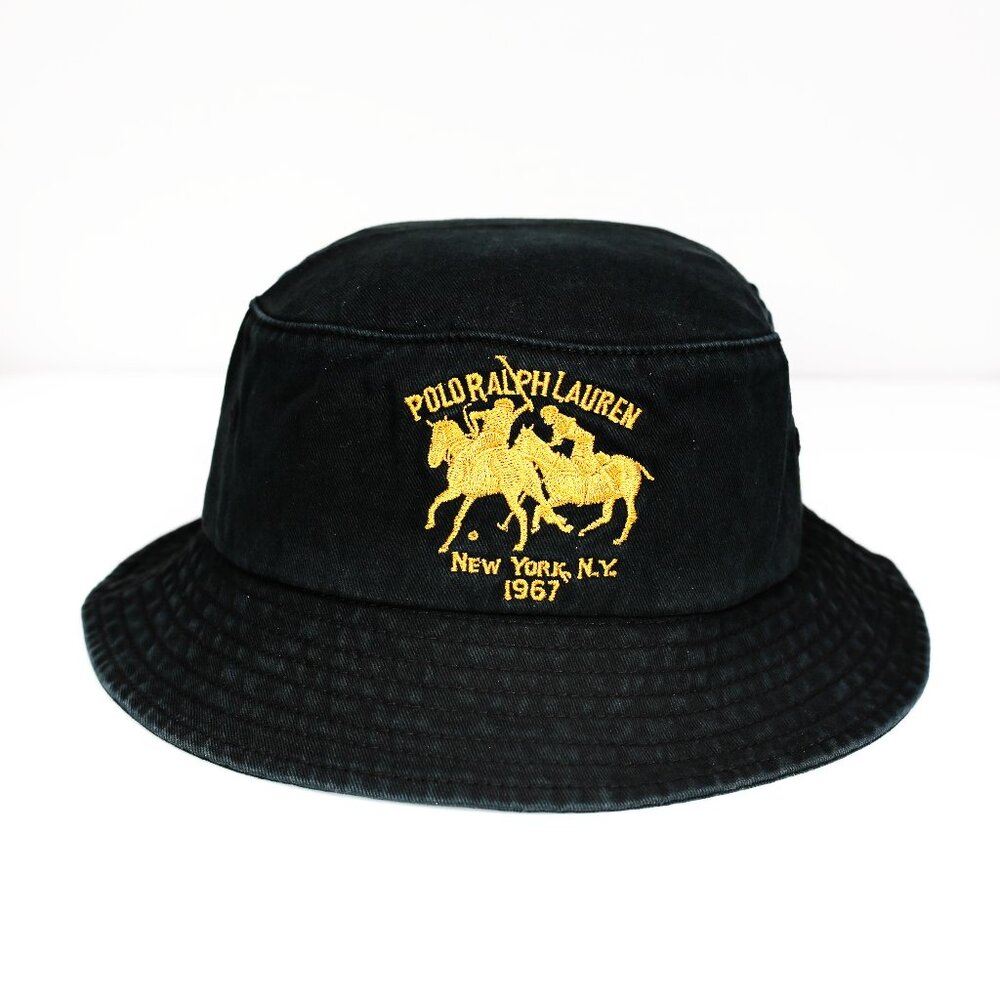 NWT POLO RALPH LAUREN WOMEN DUAL PONY & #3 PATCH BEACHSIDE BUCKET HAT BLACK/GOLD